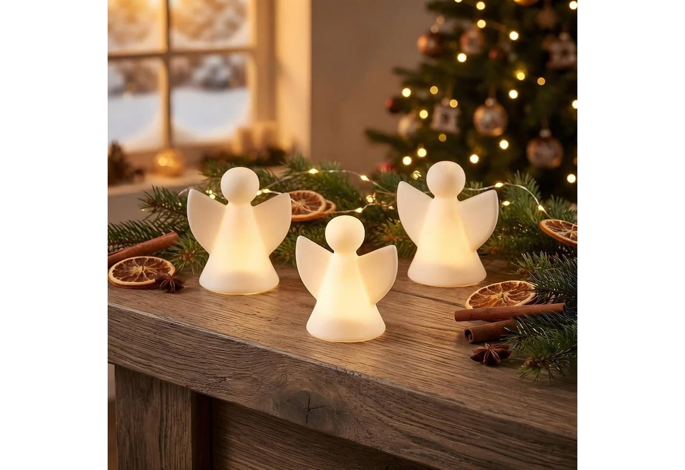 Levandeo® Weihnachtsfigur 3er Set LED Licht Engel Weiß Porzellan - Bild 2