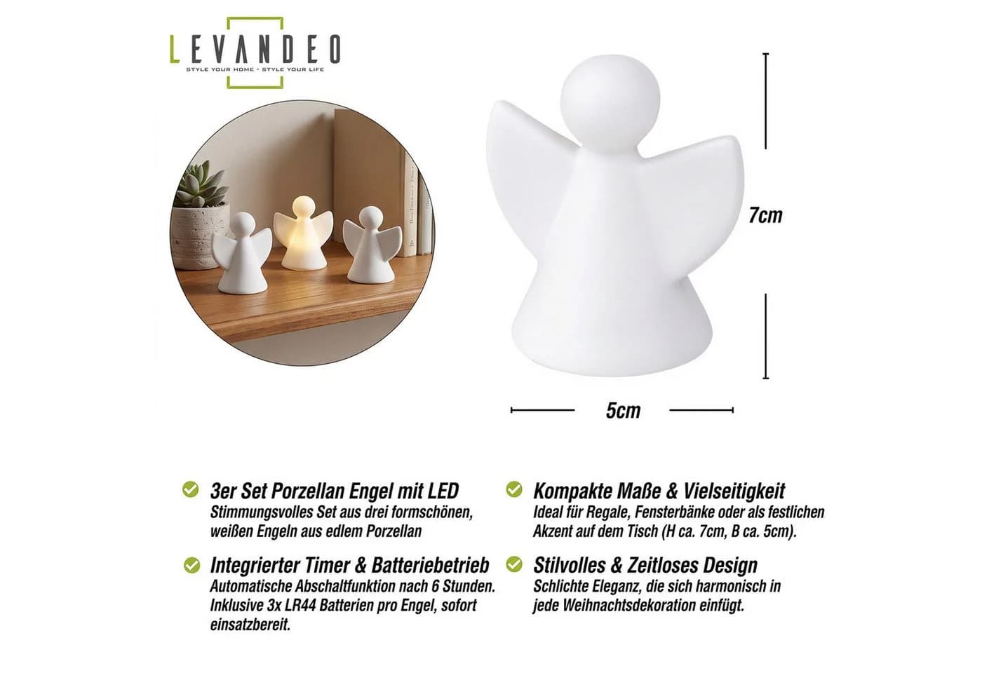 Levandeo® Weihnachtsfigur 3er Set LED Licht Engel Weiß Porzellan - Bild 3