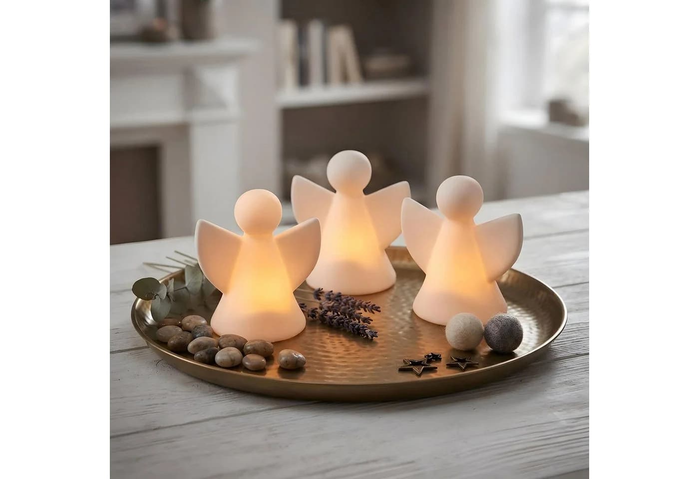 Levandeo® Weihnachtsfigur 3er Set LED Licht Engel Weiß Porzellan - Bild 5