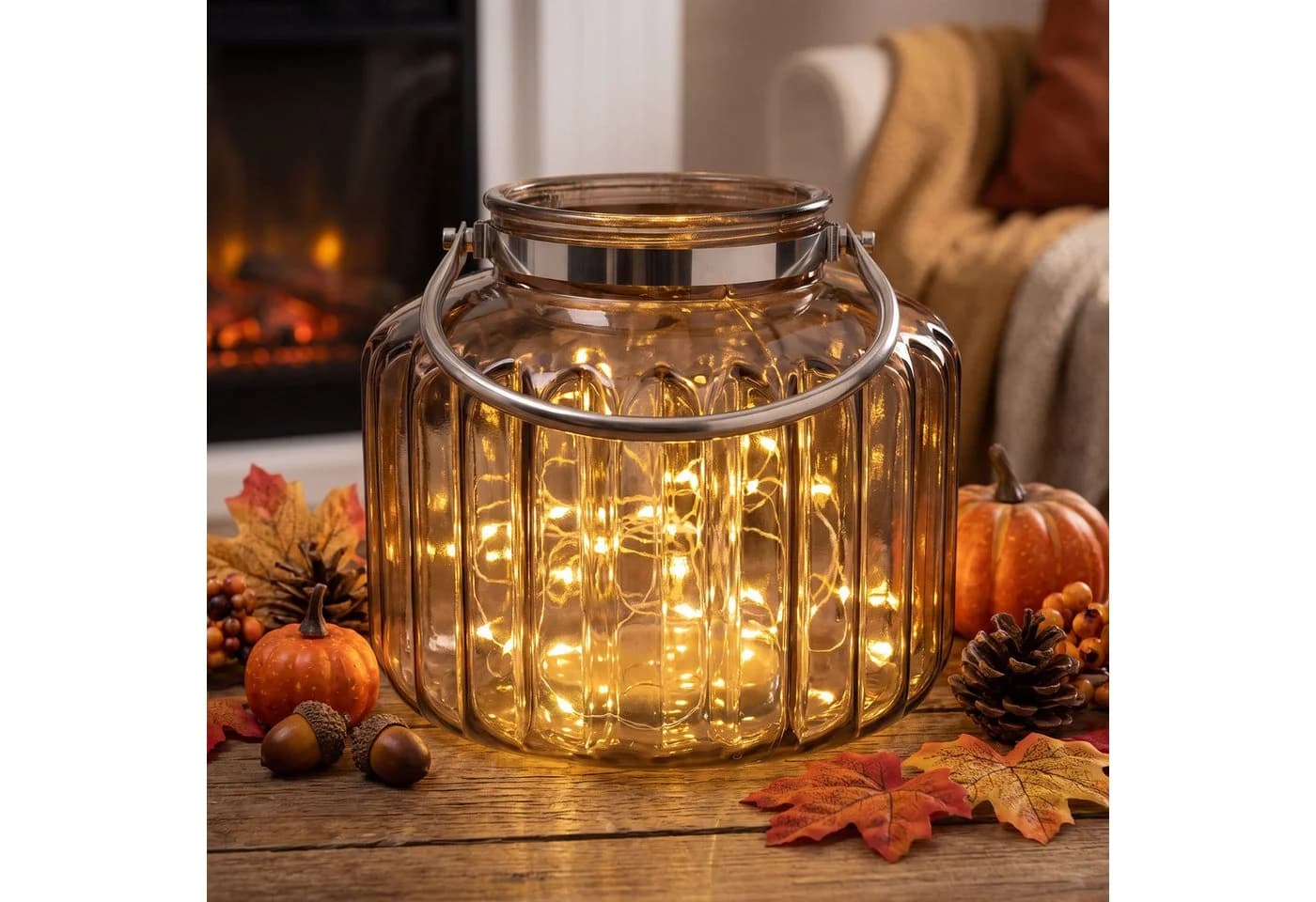 Levandeo® Windlicht Braun Glas H35cm Laterne Kerzenhalter Rillen Herbstdeko - Bild 2
