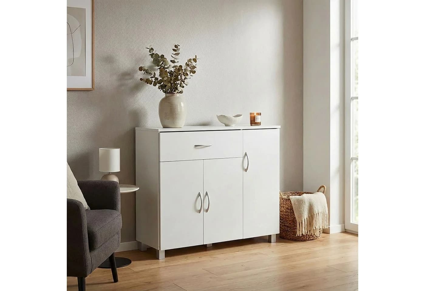 WOHNLING Sideboard Weiss 3 Türen 1 Schublade Modernes Design - Bild 4