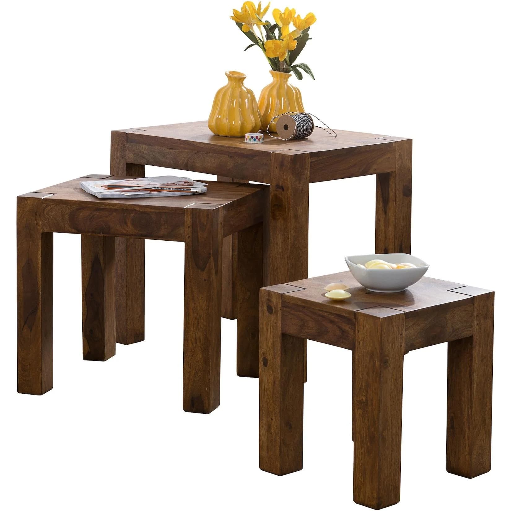 FineBuy Design Sheesham 3-teiliger Beistelltisch Set Massivholz Couchtisch