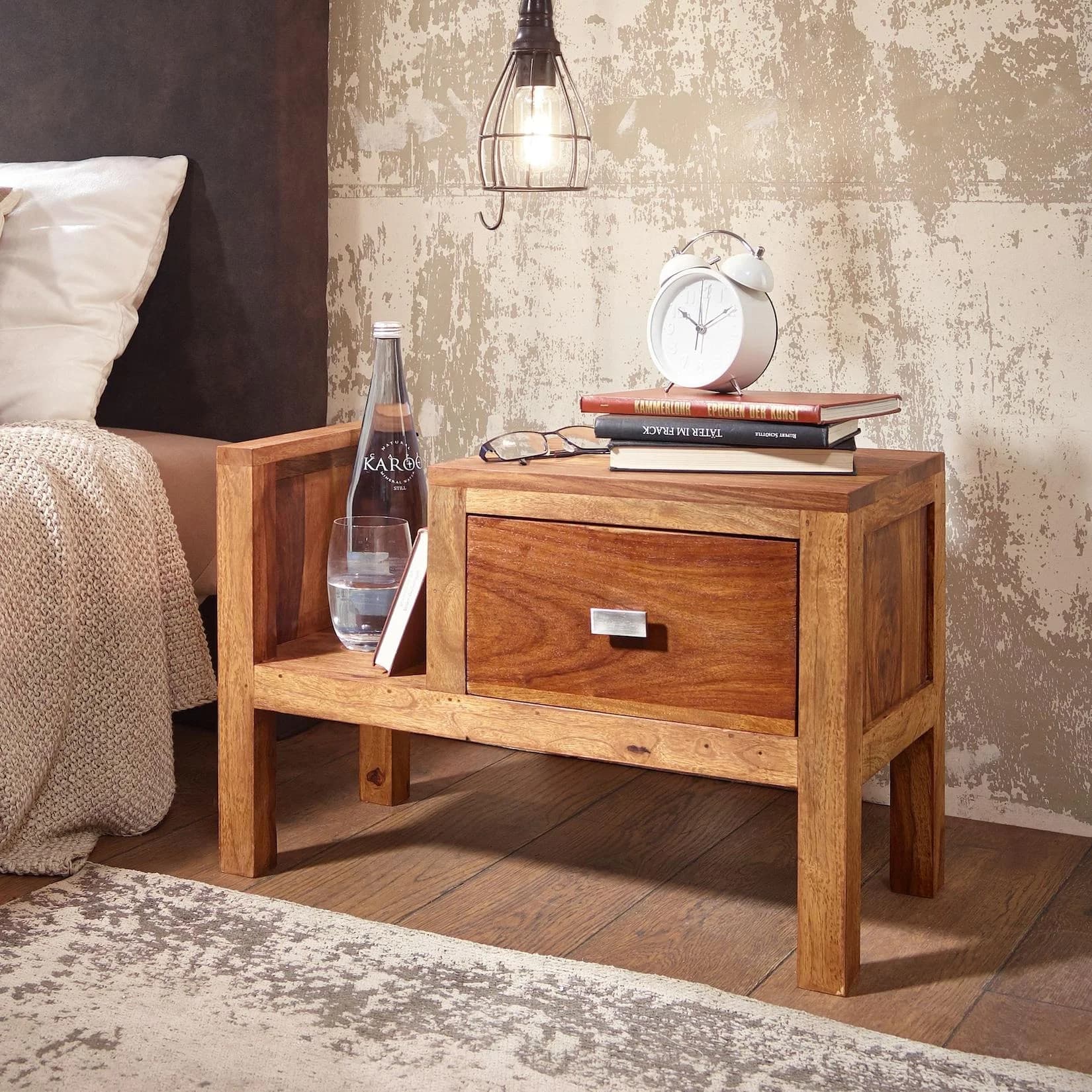 FineBuy Nachtkonsole Sheesham Massivholz mit Schublade & Ablage