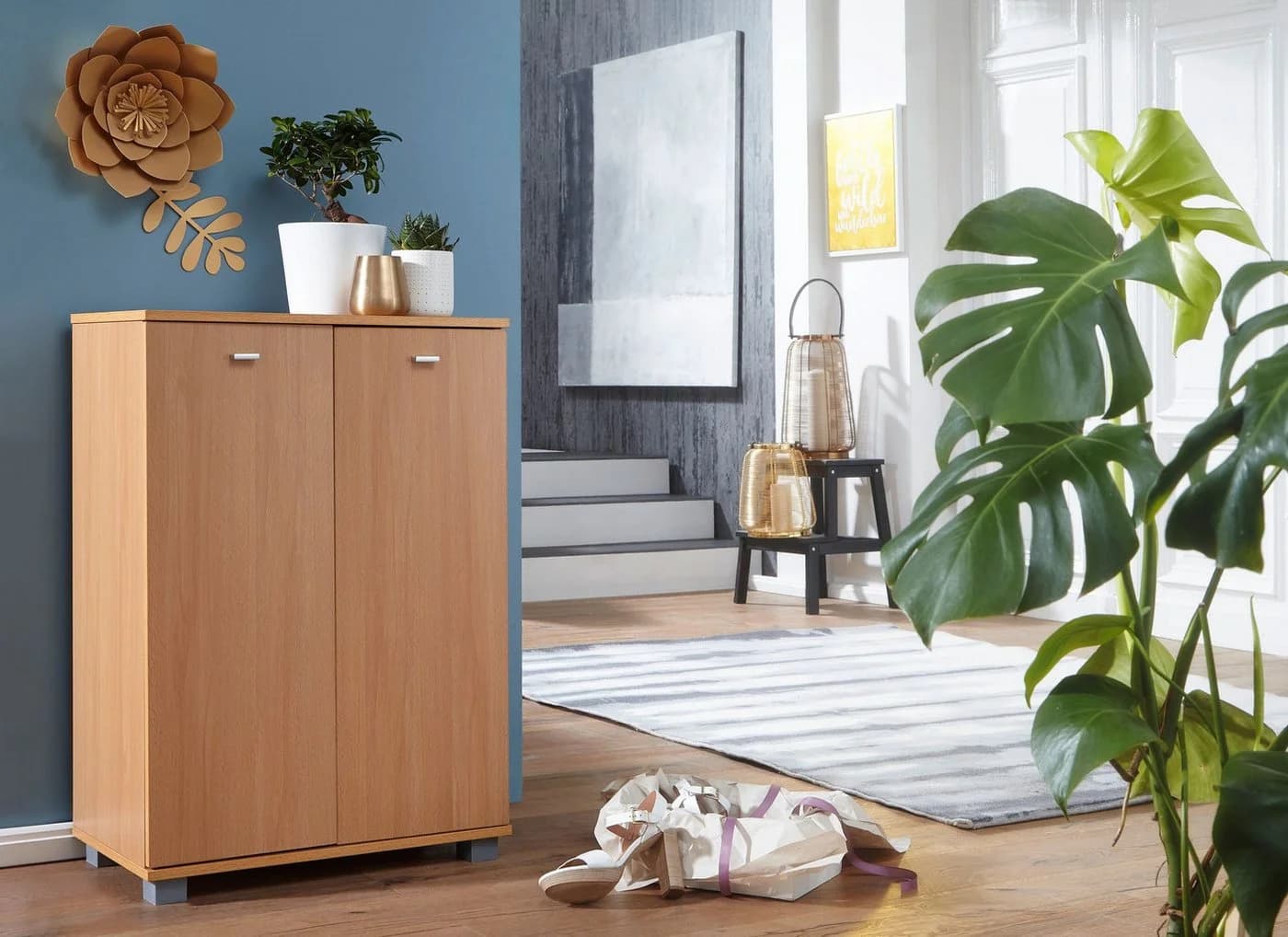 FINEBUY Schuhschrank Buche 60x90x35 cm mit 2 Türen Modern
