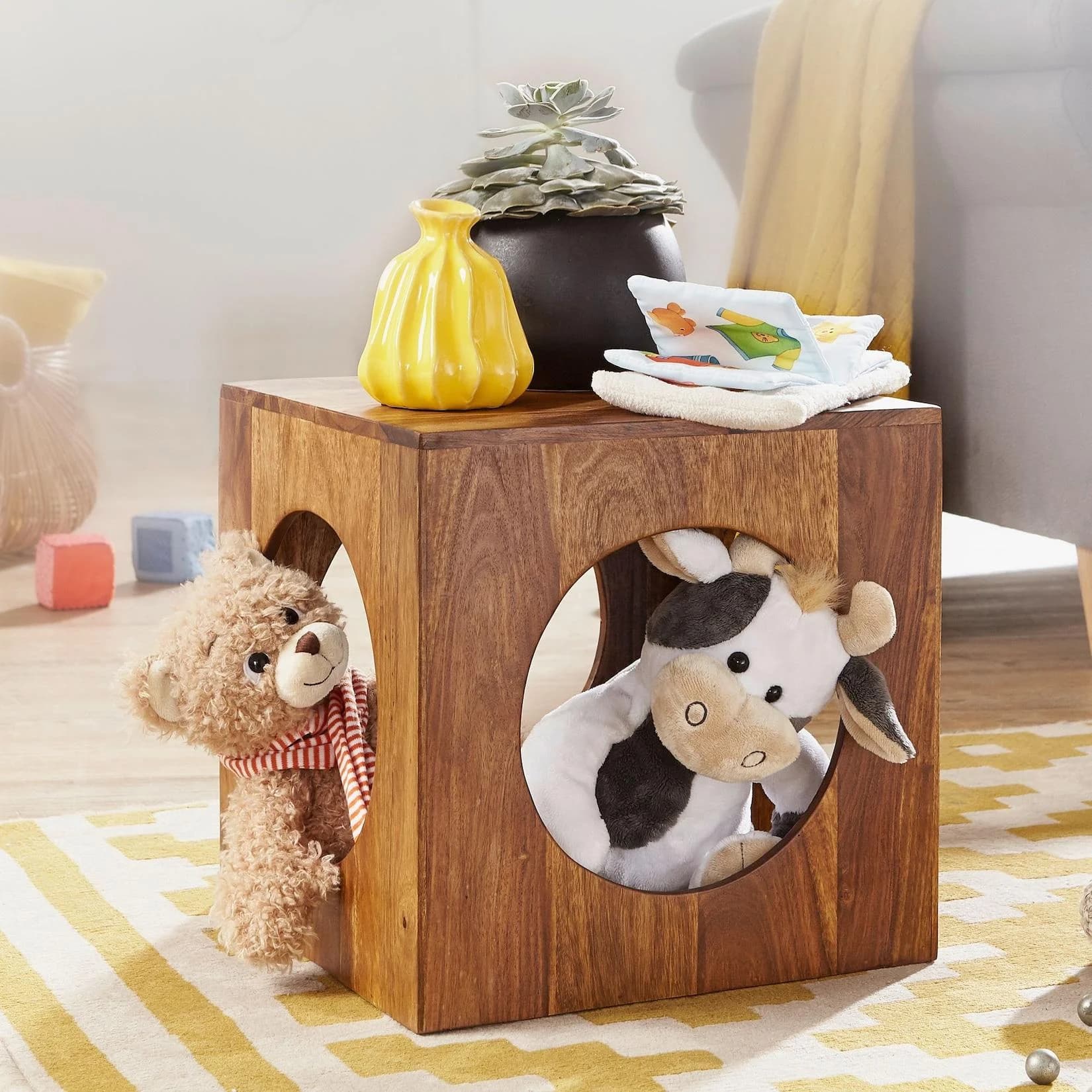 FineBuy Sheesham Beistelltisch Cube Holz mit Stauraum