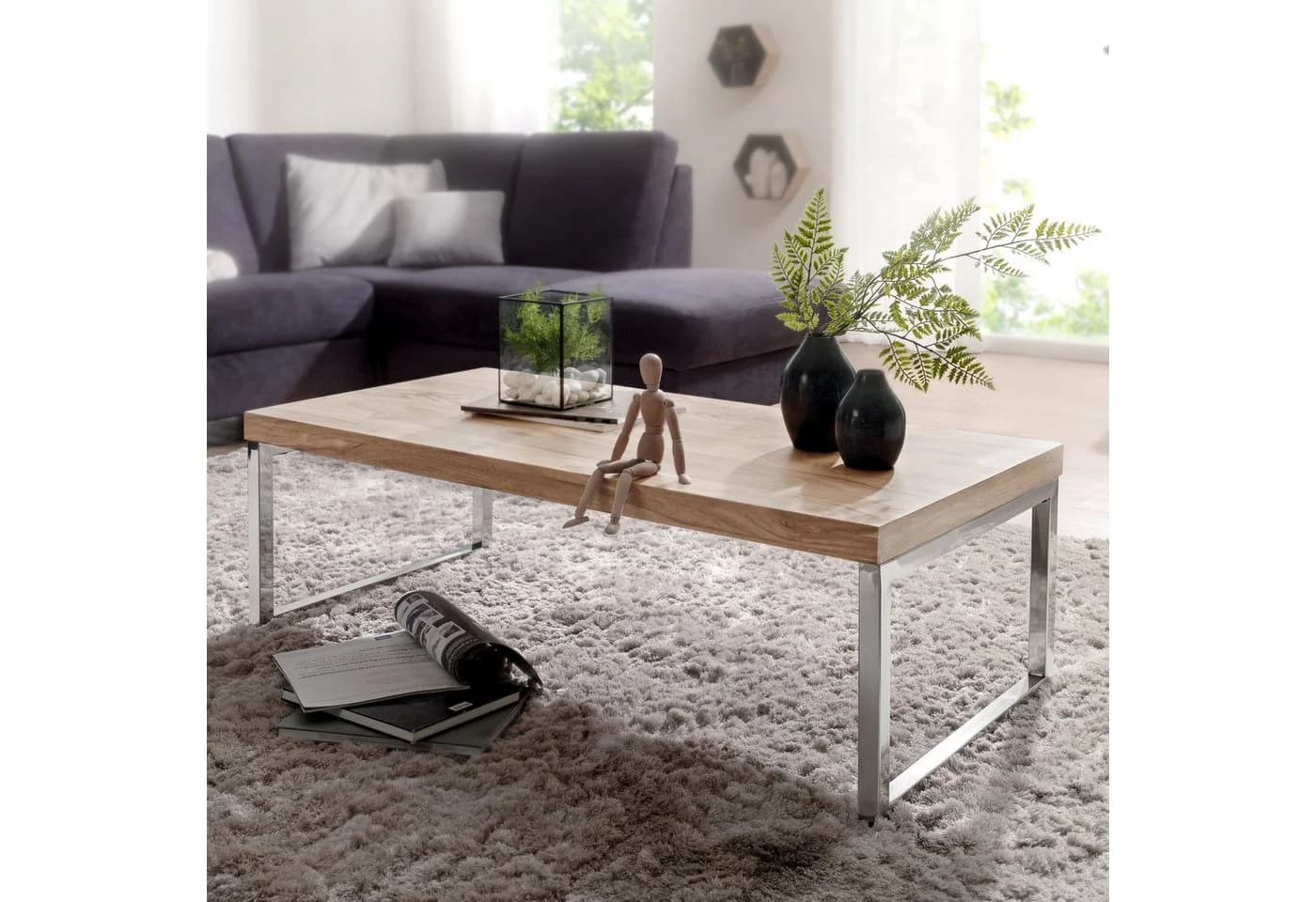 FINEBUY Couchtisch Akazie Massivholz Chrom 120x60cm - Bild 2