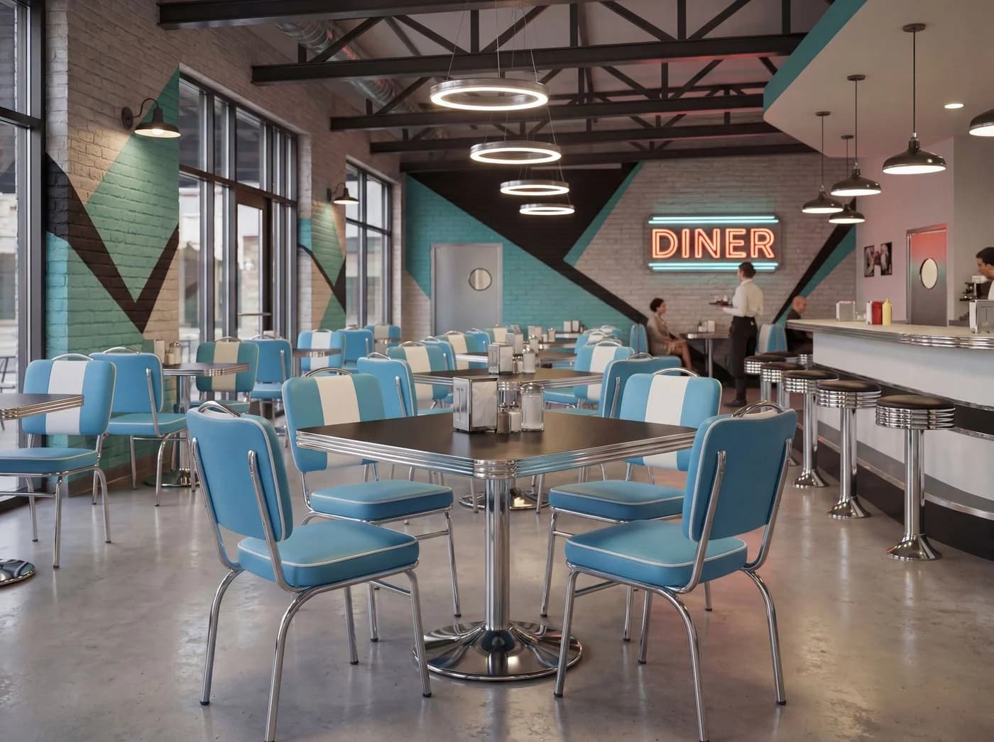 FINEBUY Esszimmerstuhl American Diner Retro Stuhl Blau/Weiß Kunstleder