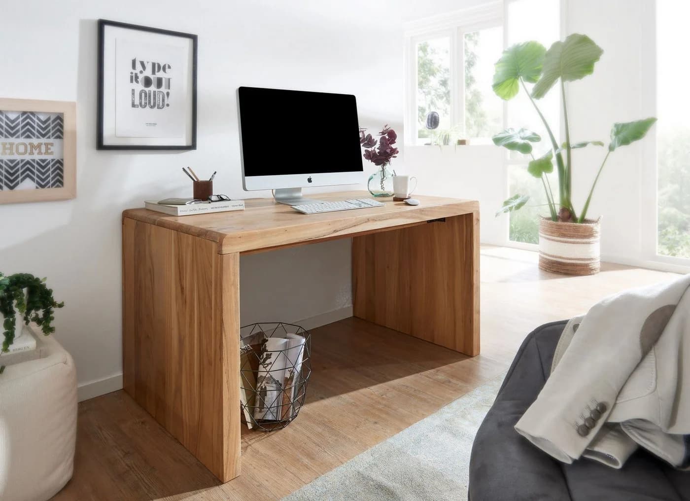 FINEBUY Akazie Massivholz Schreibtisch Modern