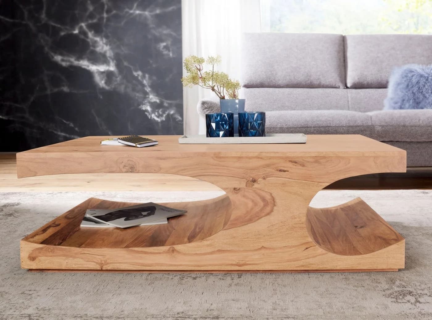 FINEBUY Couchtisch Massivholz Akazie mit Ablage