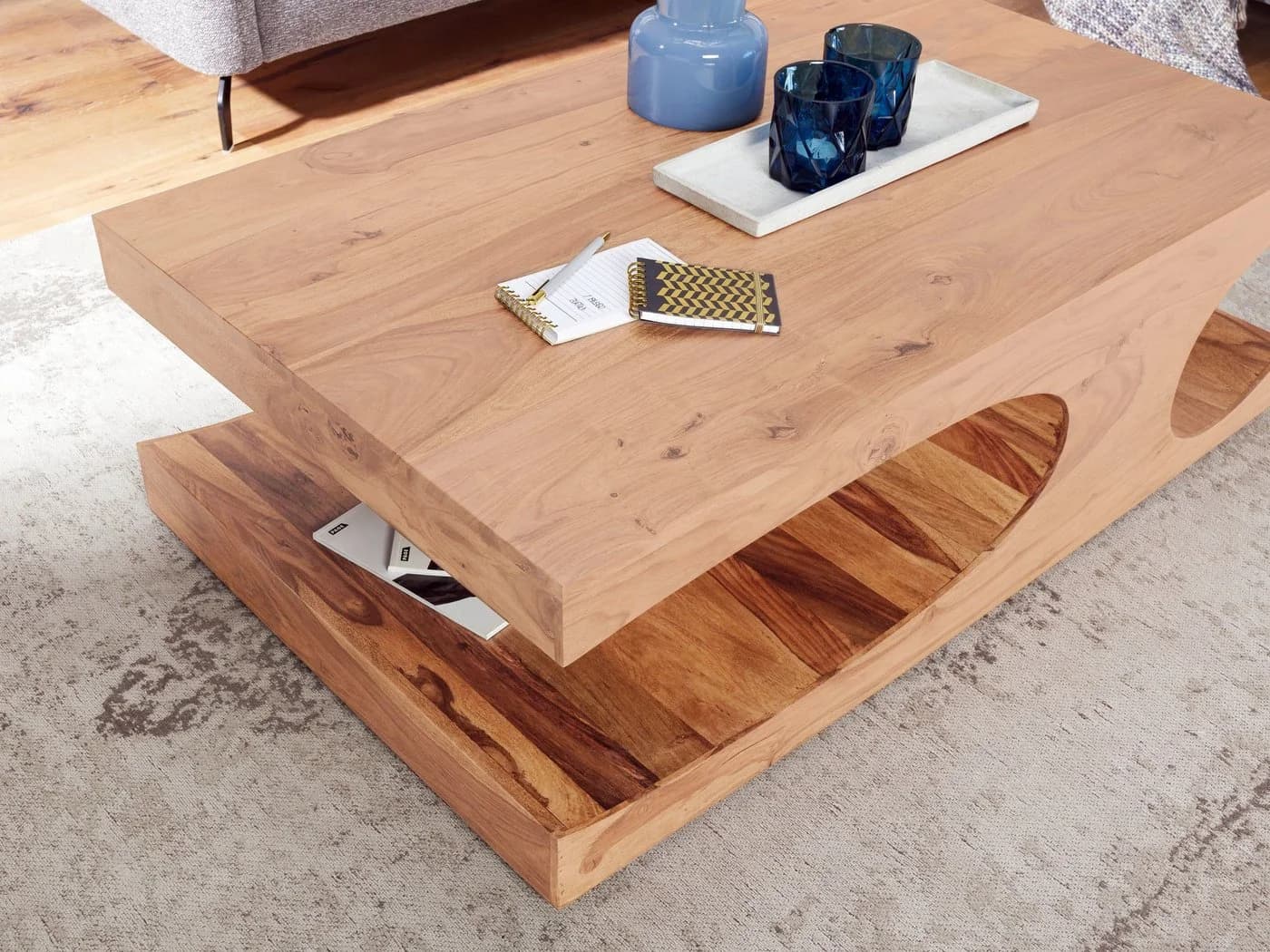 FINEBUY Couchtisch Massivholz Akazie mit Ablage - Bild 4
