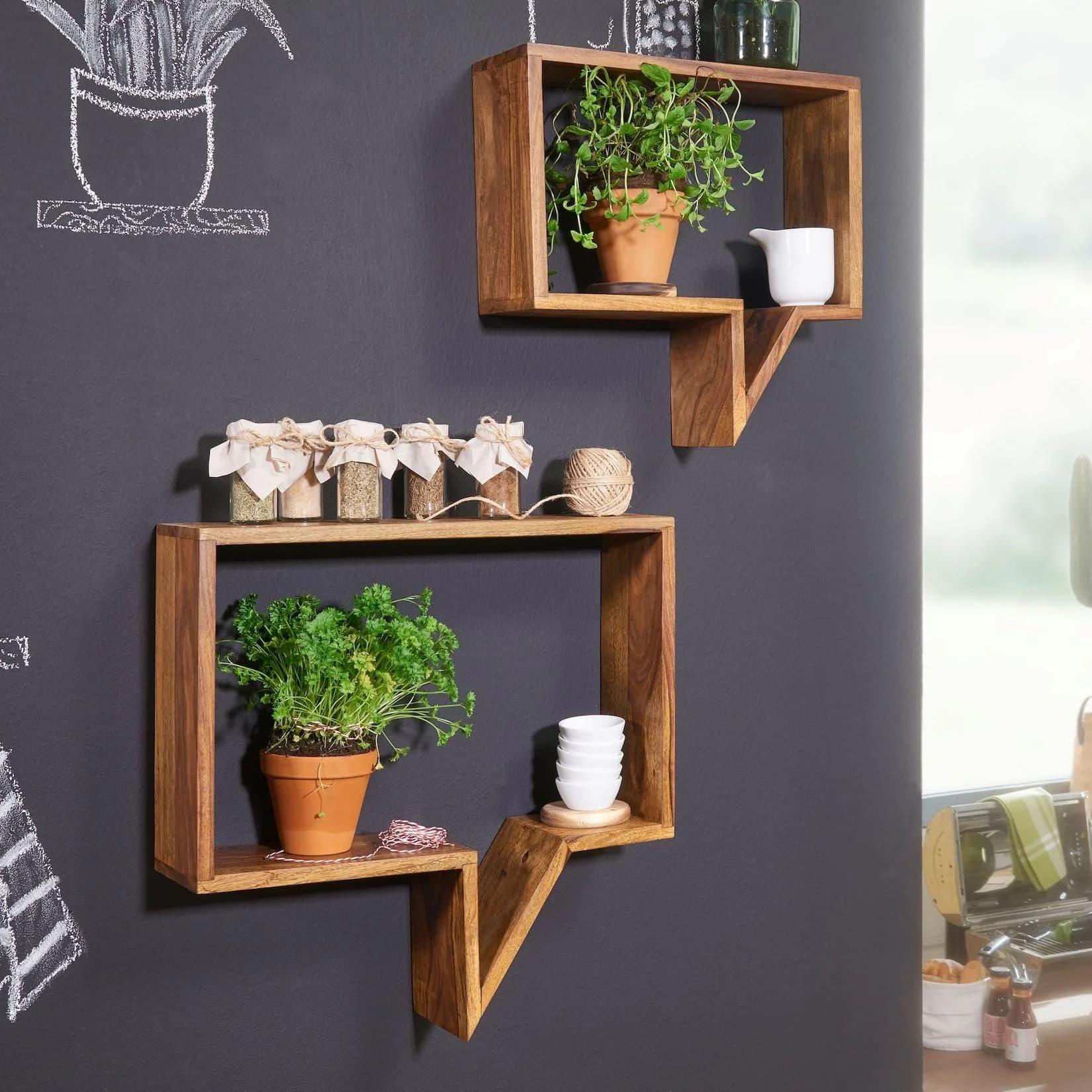 FineBuy 2er Set Wandregale Massivholz Sheesham Sprechblasen-Design