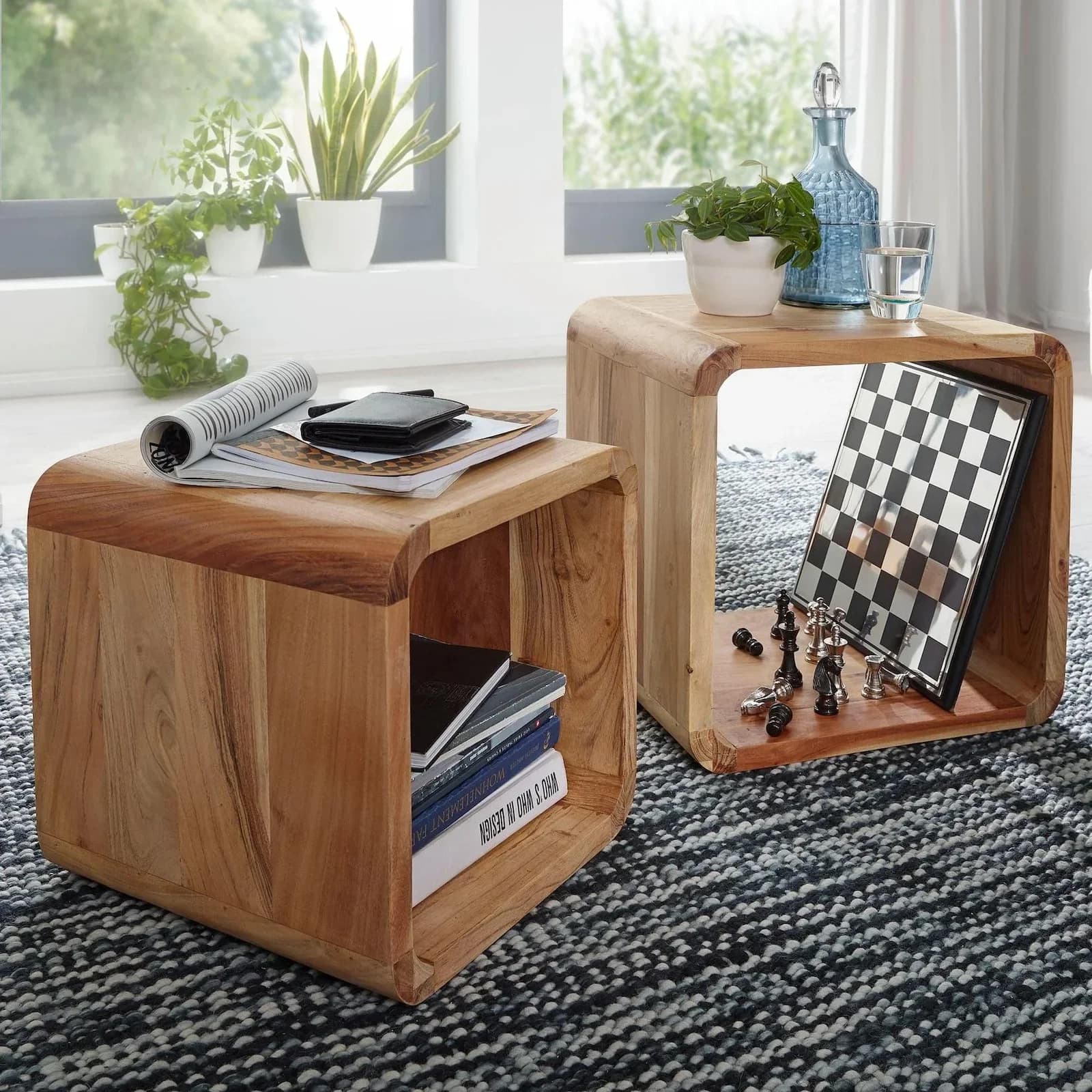 FineBuy 2er Set Satztisch Massivholz Cube Beistelltisch Modern