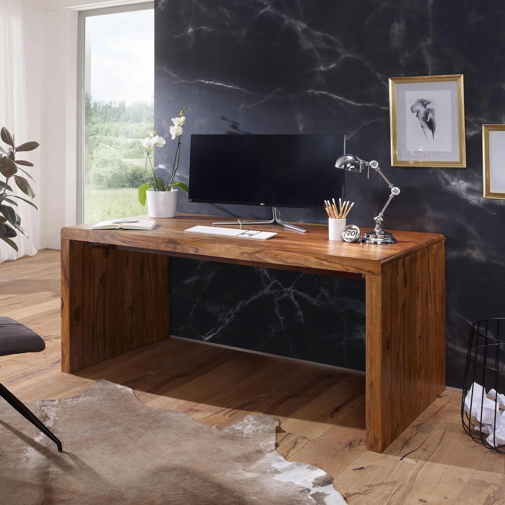 FineBuy Design Schreibtisch Natur Sheesham Massivholz Bürotisch