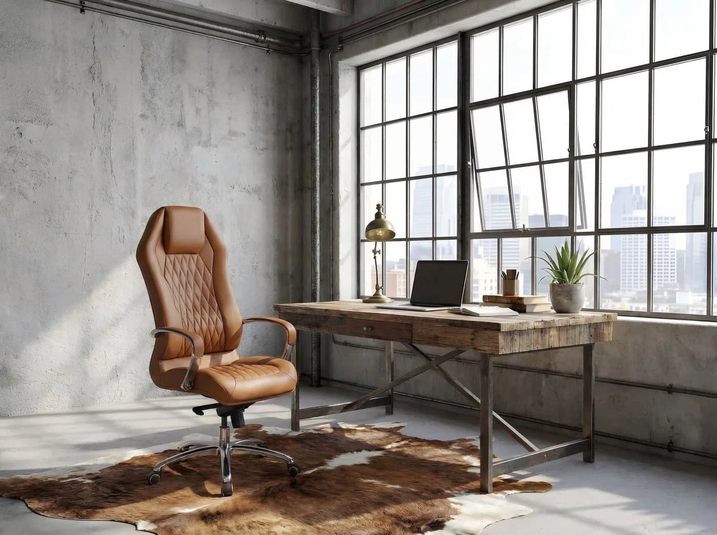 FINEBUY Chefsessel Bürostuhl MONTEREY Echtleder Caramel