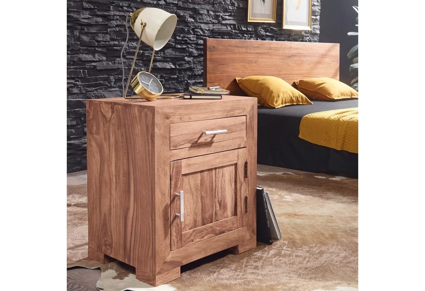 FINEBUY Nachtschrank SuVa3537_1 Akazie Massivholz 60 cm - Bild 2