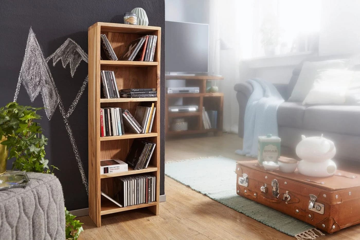 FINEBUY CD-Regal Massivholz 5 Fächer Landhausstil Akazie