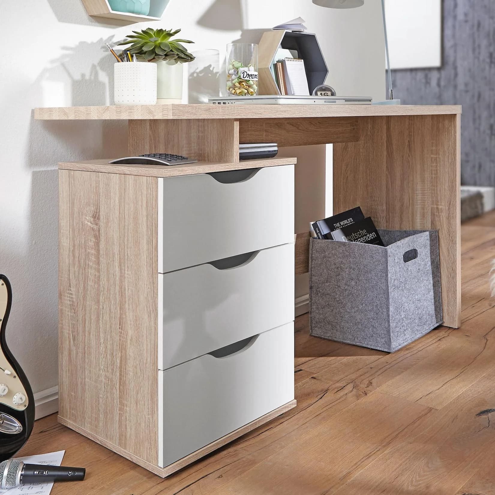 FineBuy Schreibtisch MASSA mit Rollcontainer 120cm 3 Schubladen Sonoma