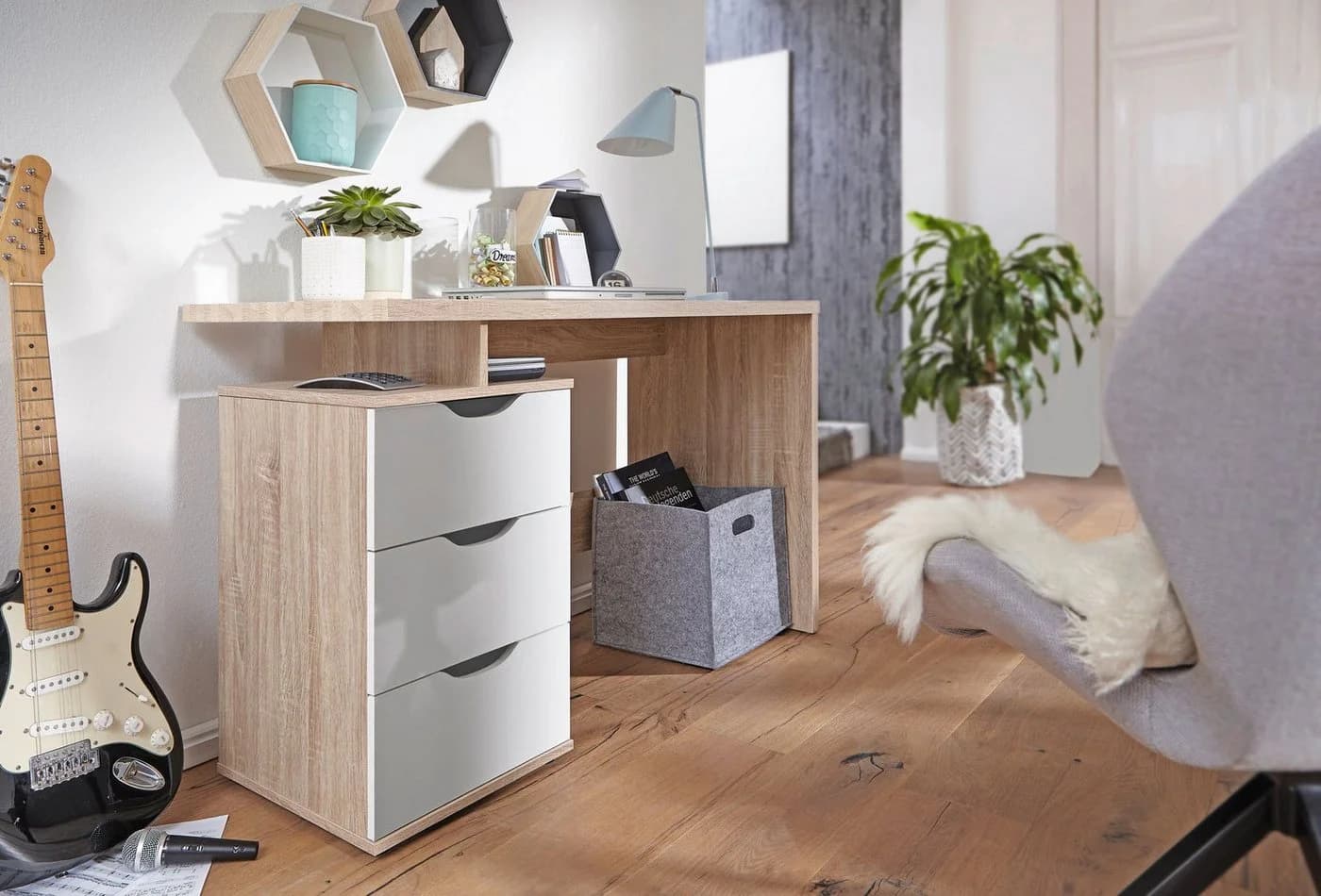 FineBuy Schreibtisch MASSA mit Rollcontainer 120cm 3 Schubladen Sonoma - Bild 2