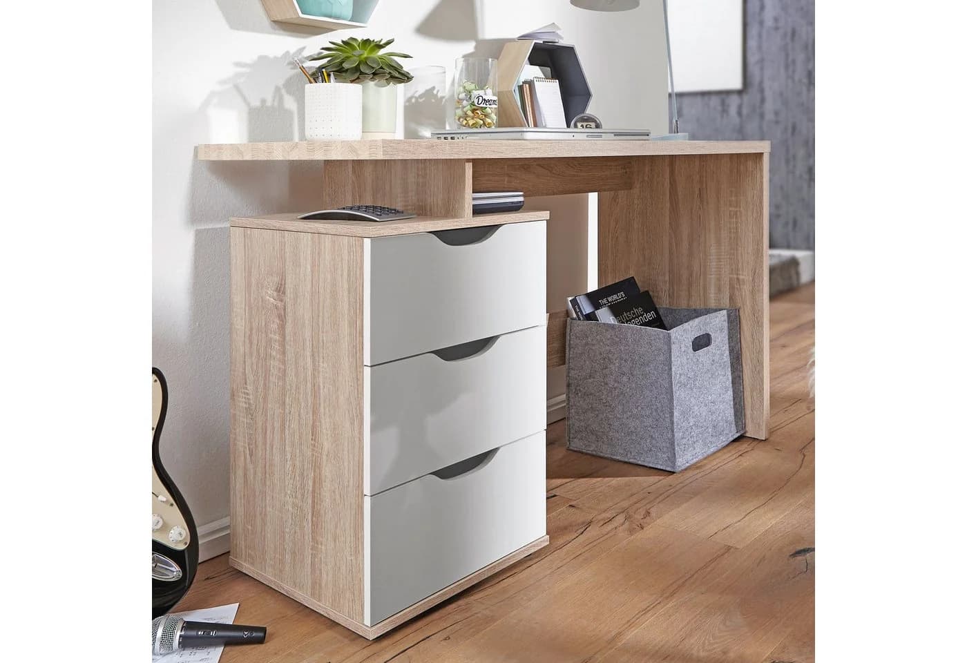 FineBuy Schreibtisch MASSA mit Rollcontainer 120cm 3 Schubladen Sonoma - Bild 3