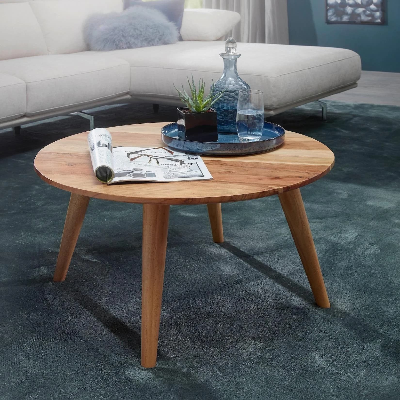 FineBuy Couchtisch Akazie Massiv Rund 75 cm Wohnzimmertisch Skandinavisch Retro