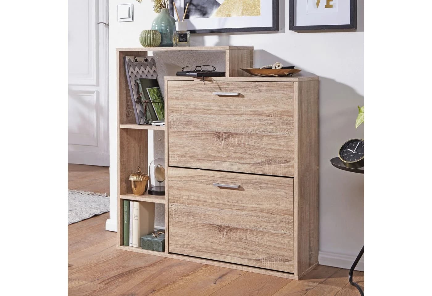 FINEBUY Schuhkipper FB45127 Holz 2 Fächer Sonoma Eiche 12 Paar - Bild 3
