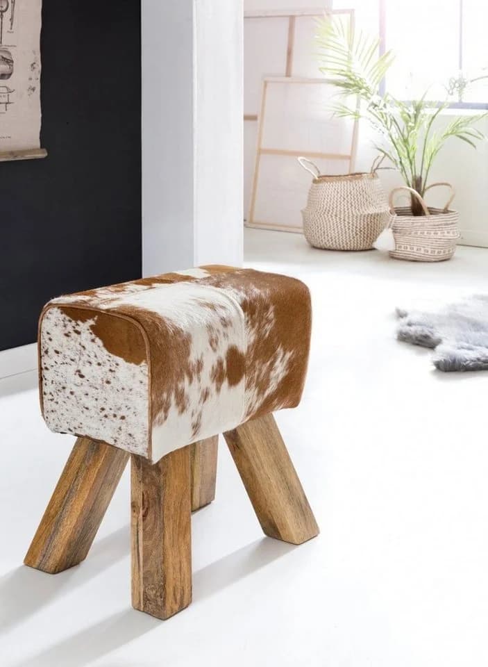 FINEBUY Sitzhocker Design Springbock Echtleder Ziegenfell Braun/Weiß