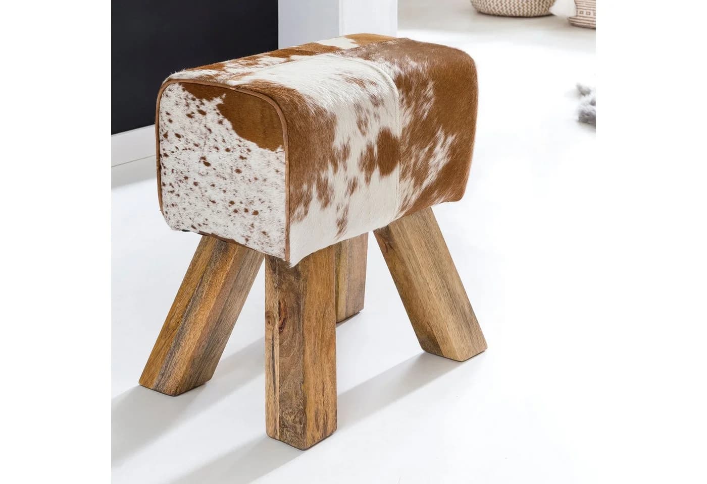 FINEBUY Sitzhocker Design Springbock Echtleder Ziegenfell Braun/Weiß - Bild 2