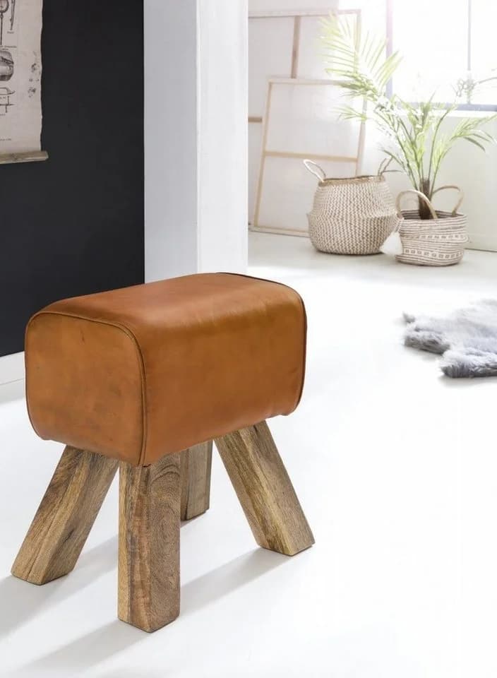 FINEBUY Sitzhocker Design Springbock Echtleder Braun