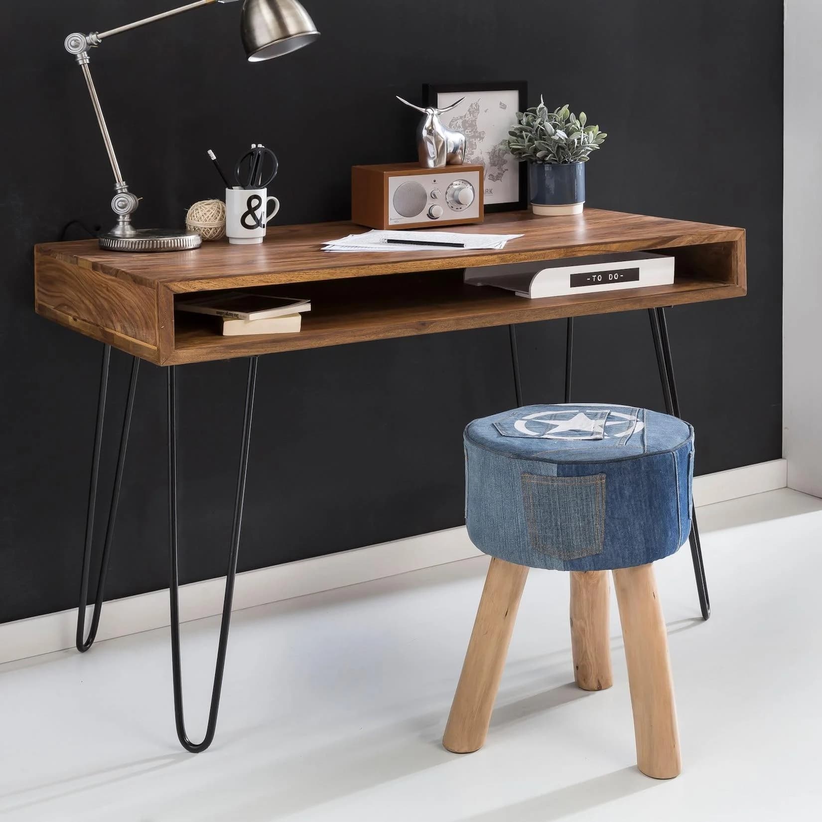 FineBuy Schreibtisch Massivholz Sheesham Industrial Retro Design