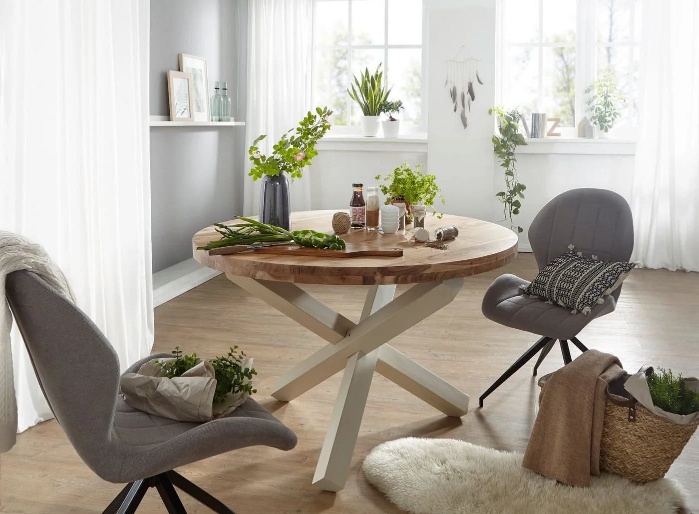 FINEBUY Esstisch rund Akazie Massivholz Modern Weiß