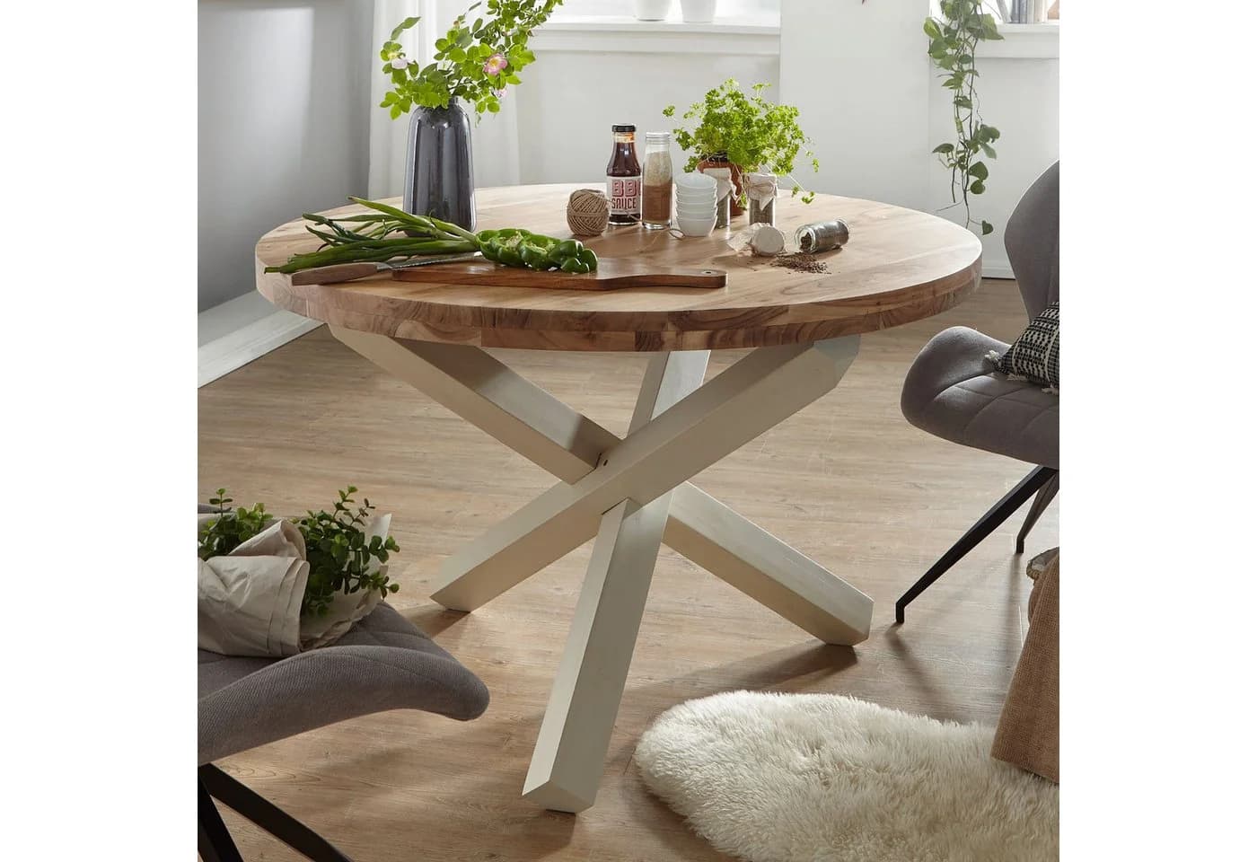 FINEBUY Esstisch rund Akazie Massivholz Modern Weiß - Bild 2