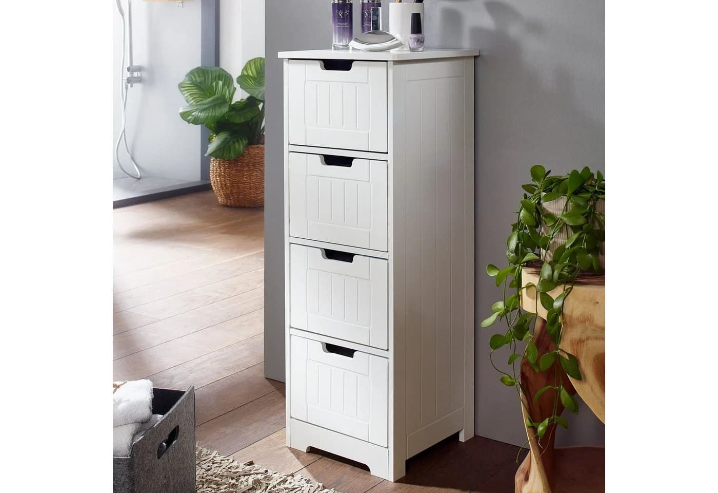 FINEBUY Badschrank Landhaus-Stil Weiß mit 4 Schubladen - Bild 3