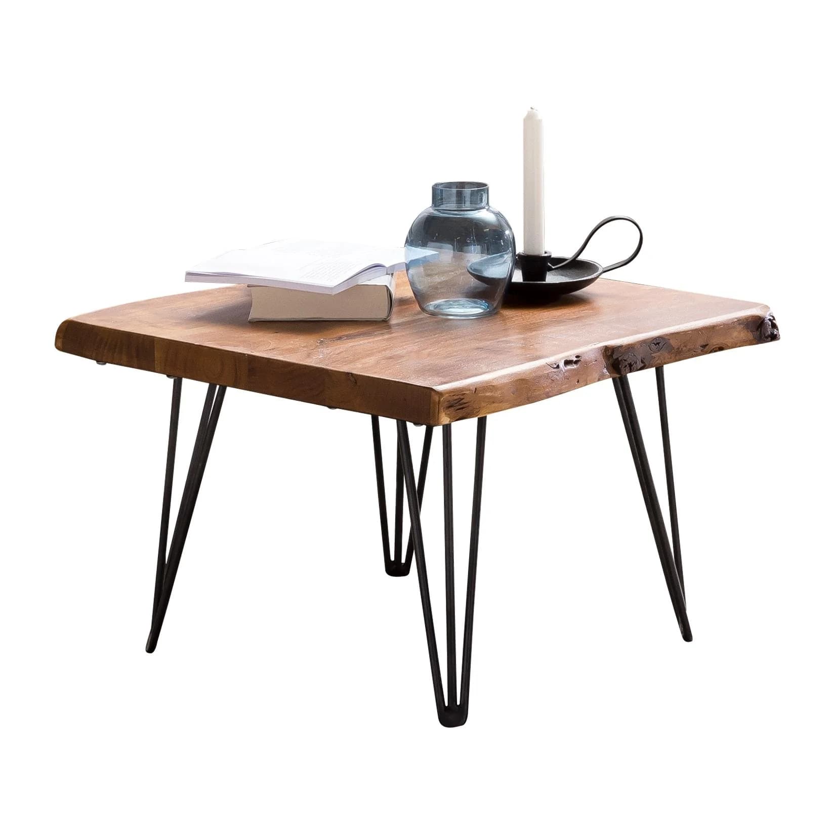 FineBuy Couchtisch Baumkante Sheesham Massivholz Metallbeine