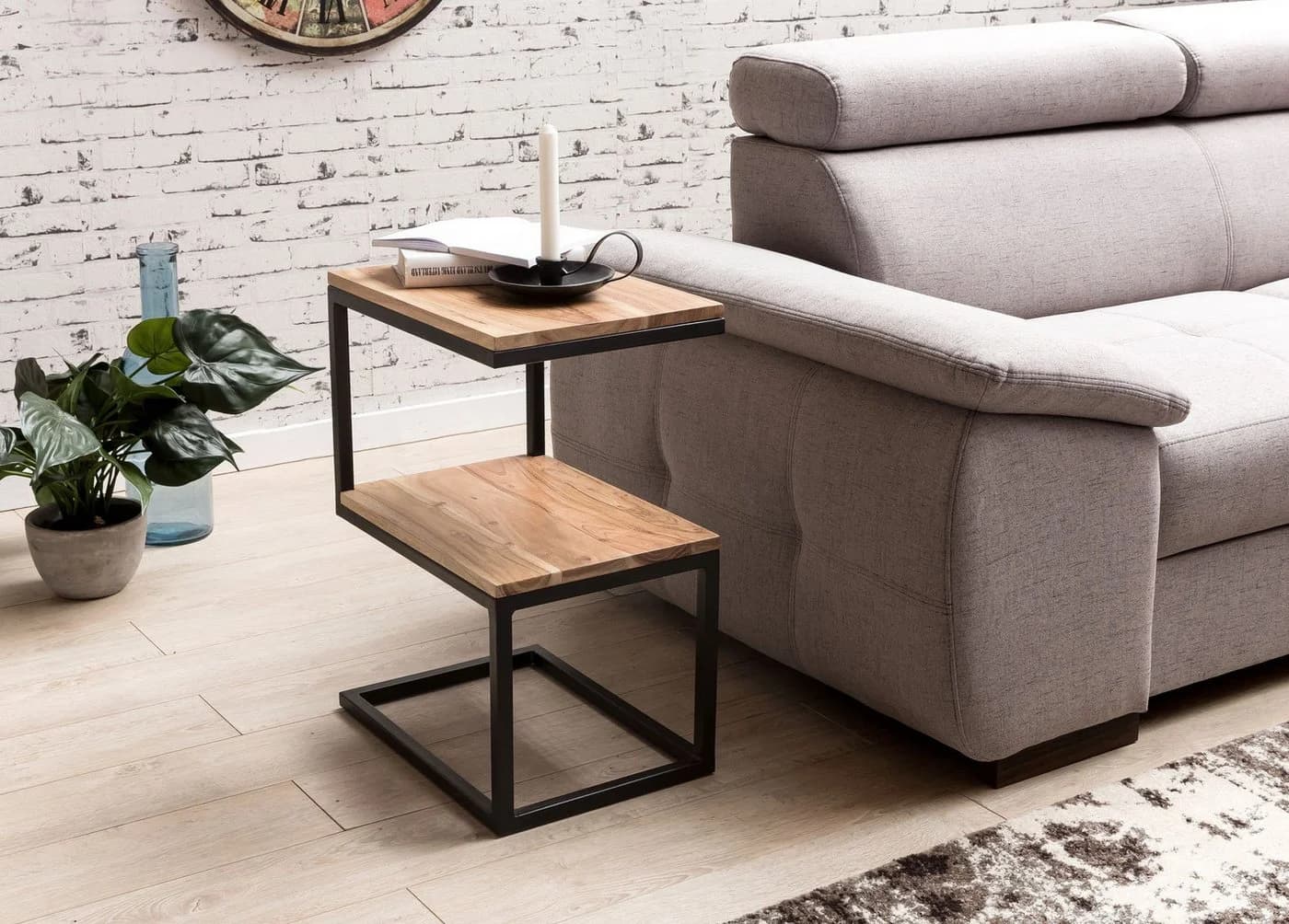 FINEBUY Beistelltisch SuVa10302_1 S-Form Massivholz Metall Wohnzimmertisch
