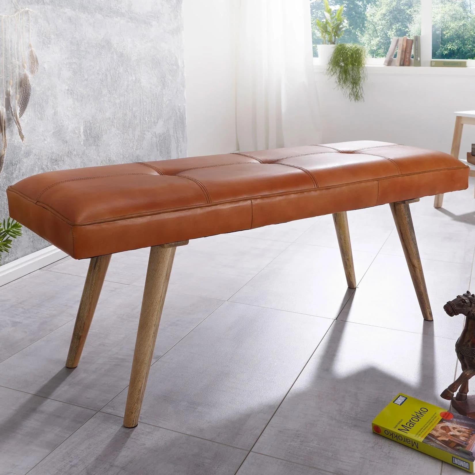FineBuy Gepolsterte Sitzbank 120cm Echtleder Braun