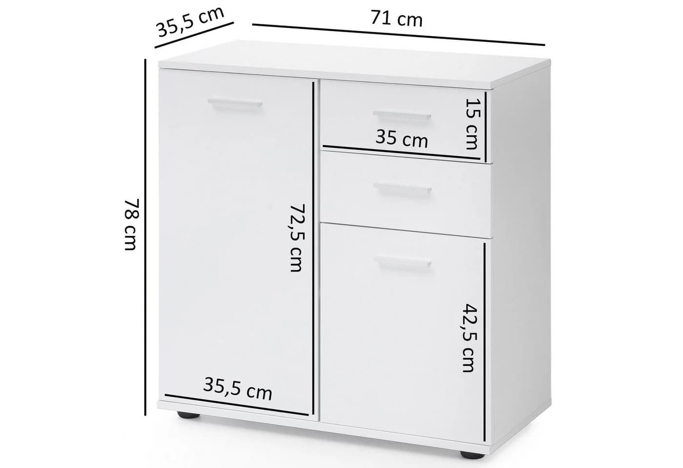 FINEBUY Sideboard SuVa11838_1 70 cm Weiß mit 2 Türen & 2 Schubladen Kommode Aktenschrank - Bild 3