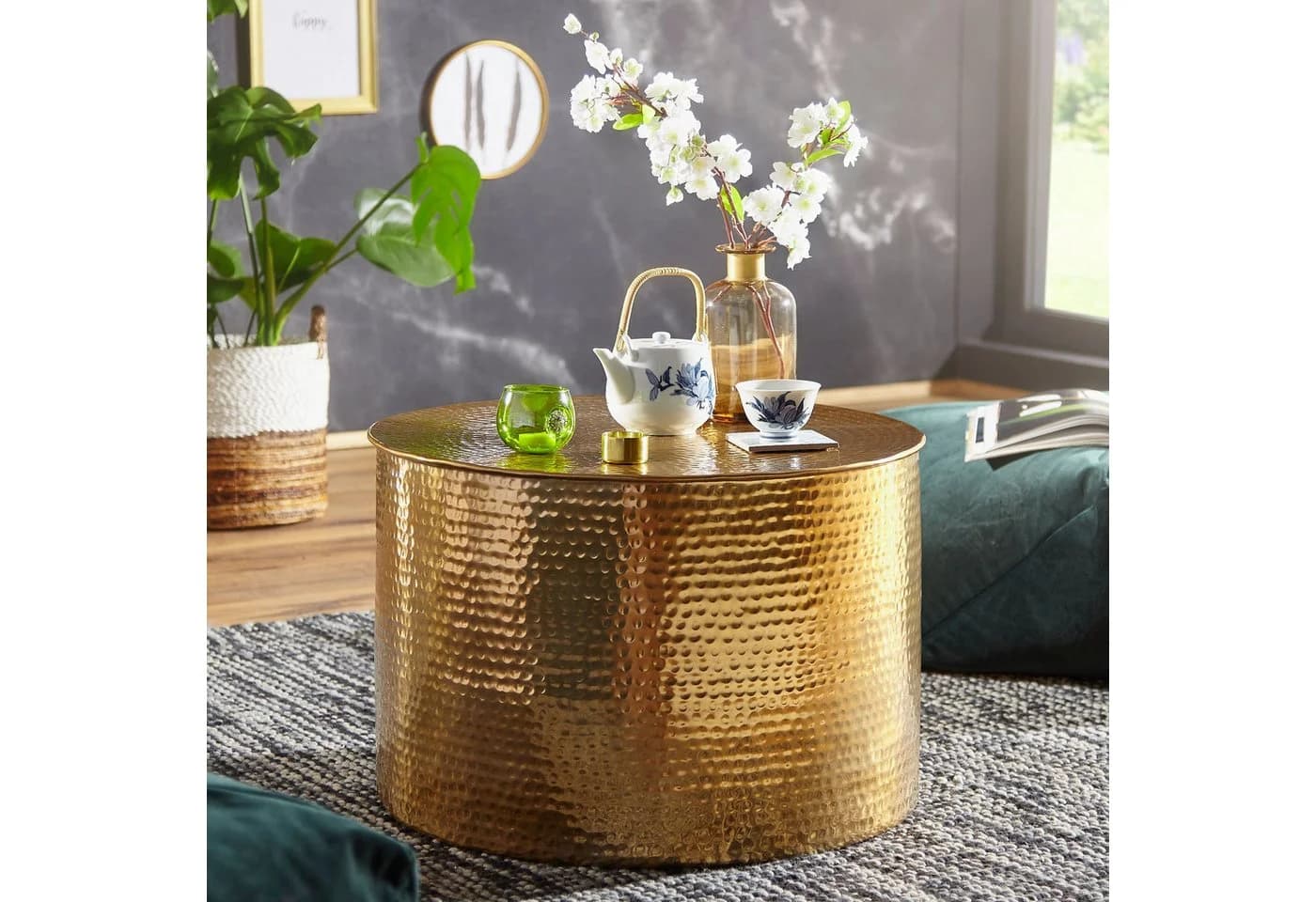 FINEBUY Couchtisch Rund Aluminium Hammerschlag Gold
