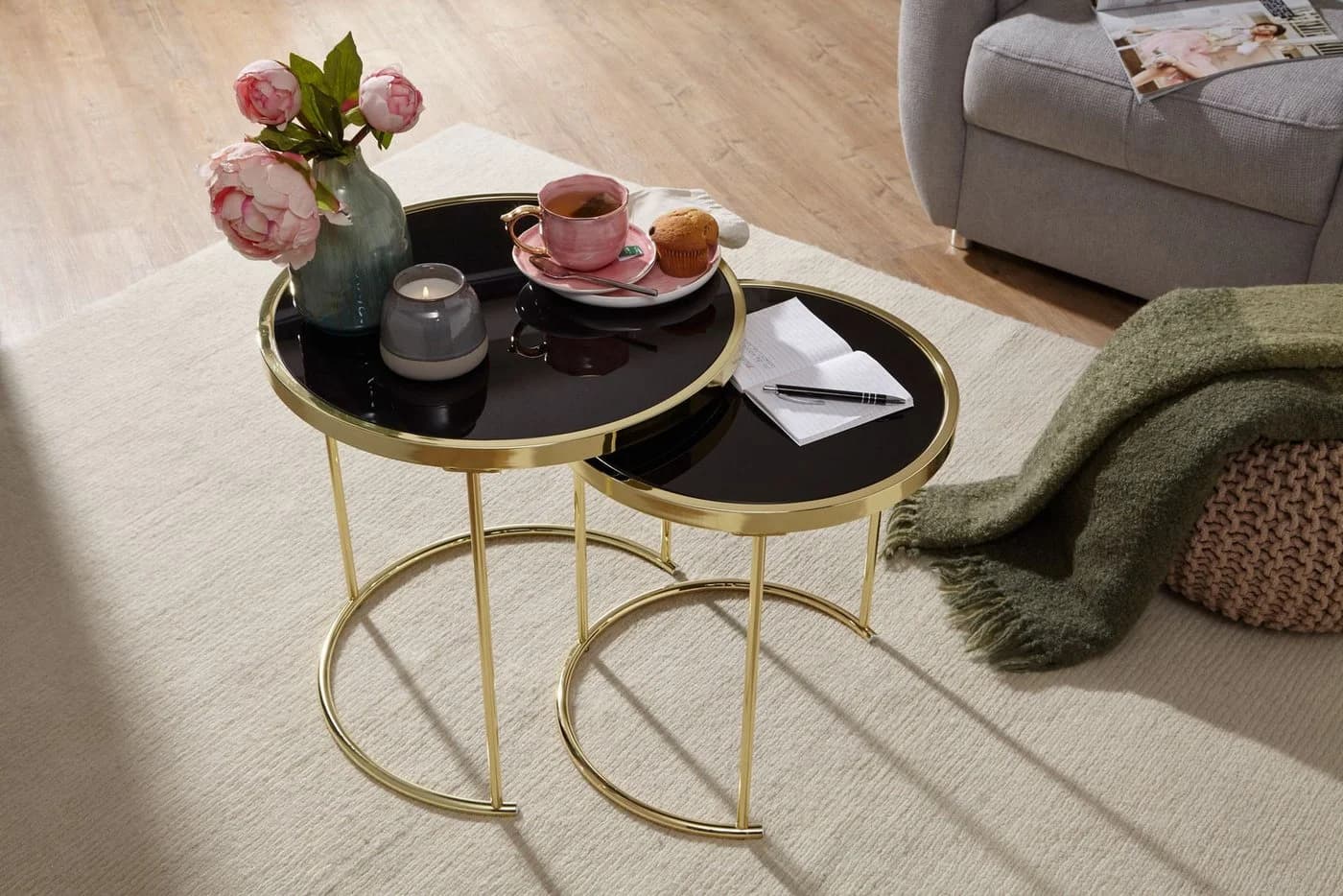 FINEBUY Satztisch COMO Schwarz/Gold Metall/Glas 2er Set - Bild 5