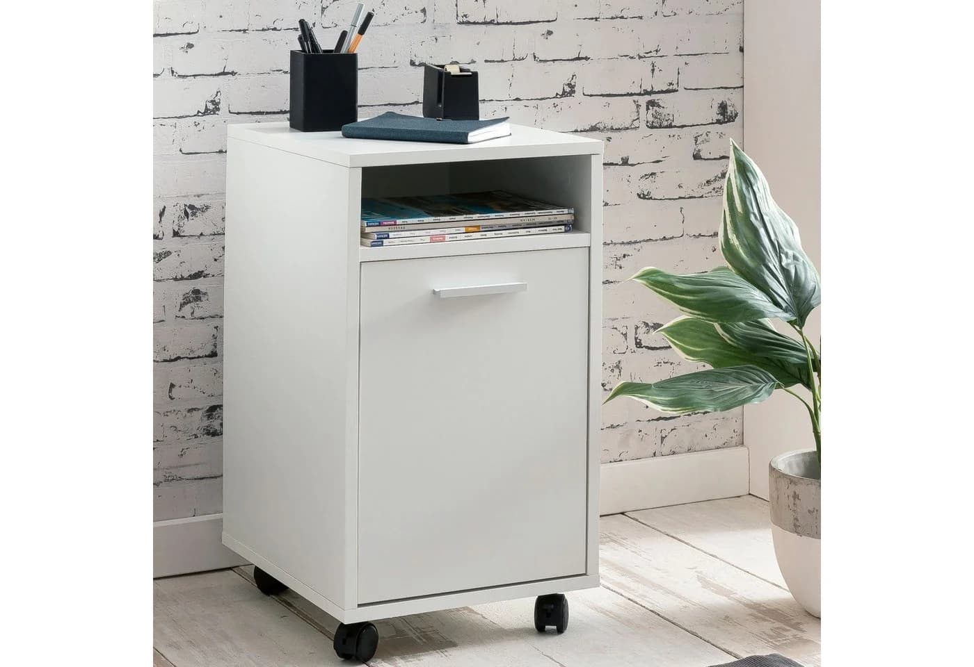 Wohnling Rollcontainer Weiß mit Rollen und Tür