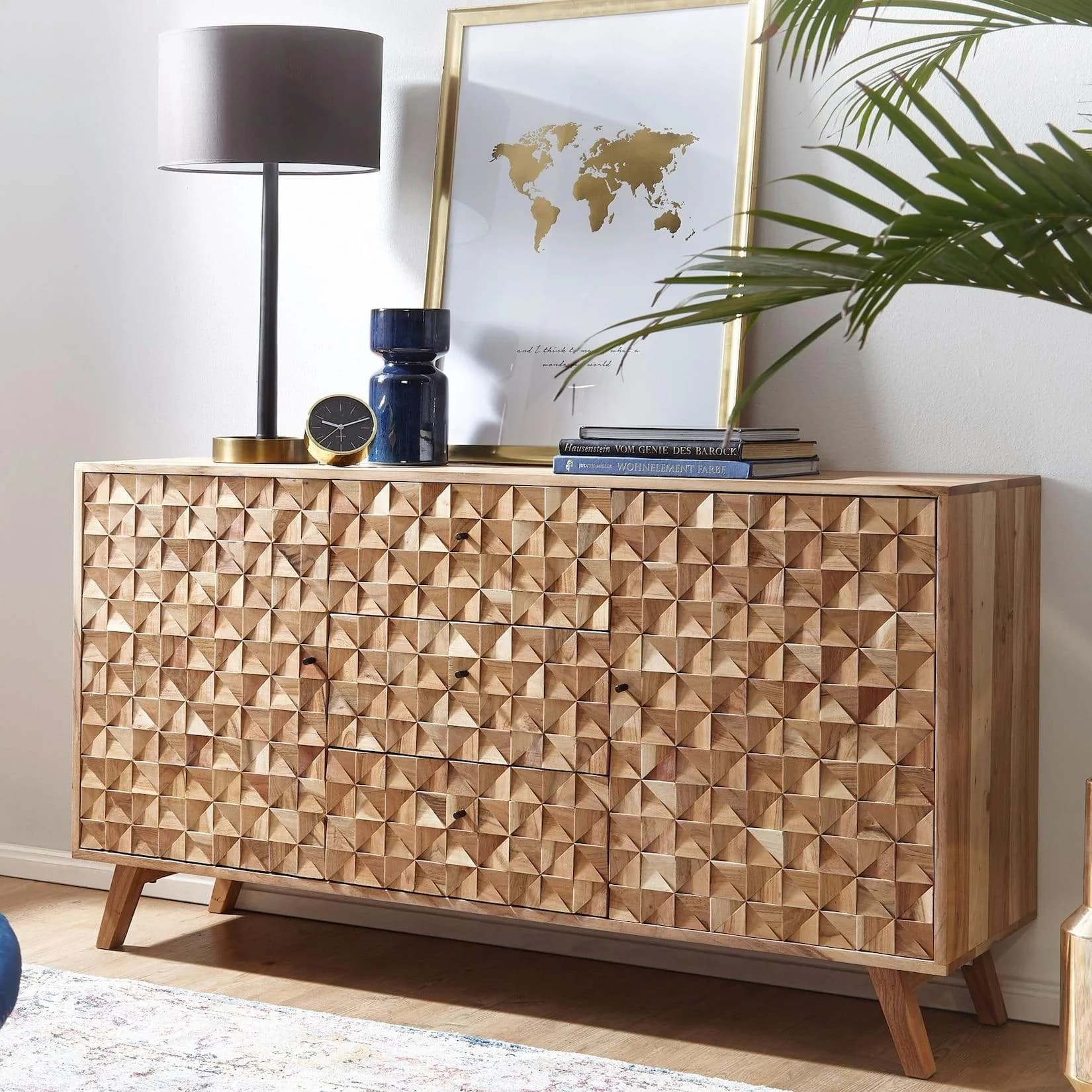 FINEBUY Sideboard FB50972 Massivholz 140cm 2 Türen 3 Schubladen Retro Kommode