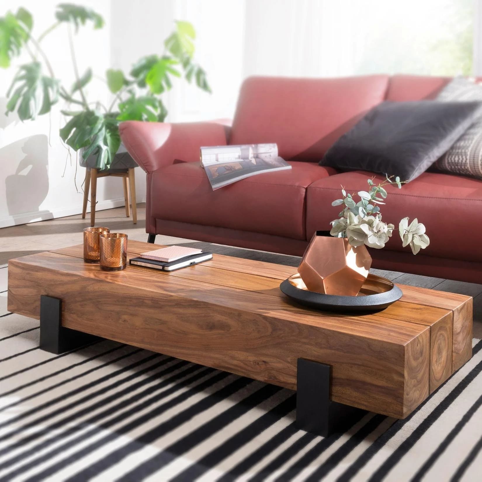 FineBuy Couchtisch Sheesham Massivholz Rechteckig Braun