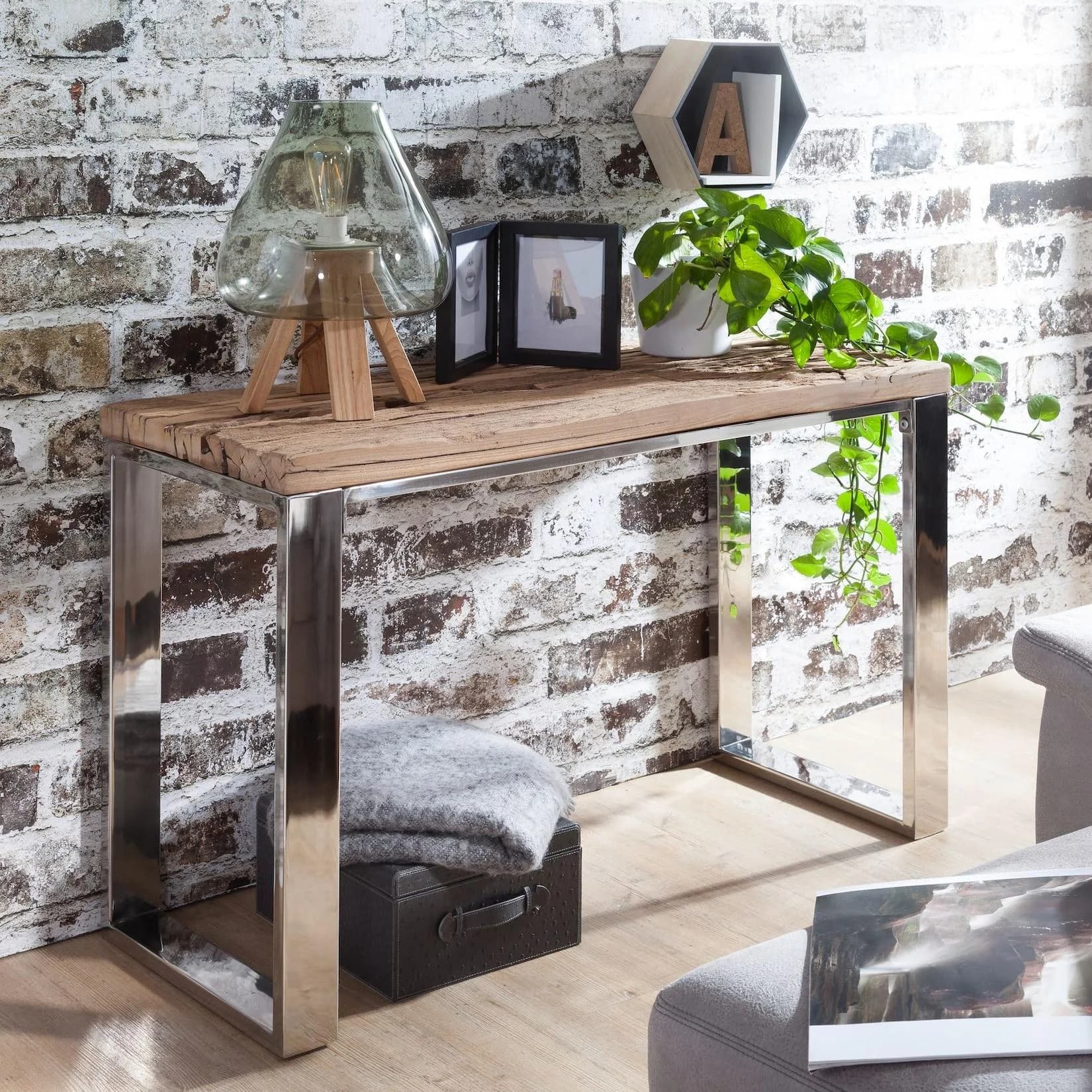 FineBuy Konsolentisch Industrial Massiv Laptoptisch