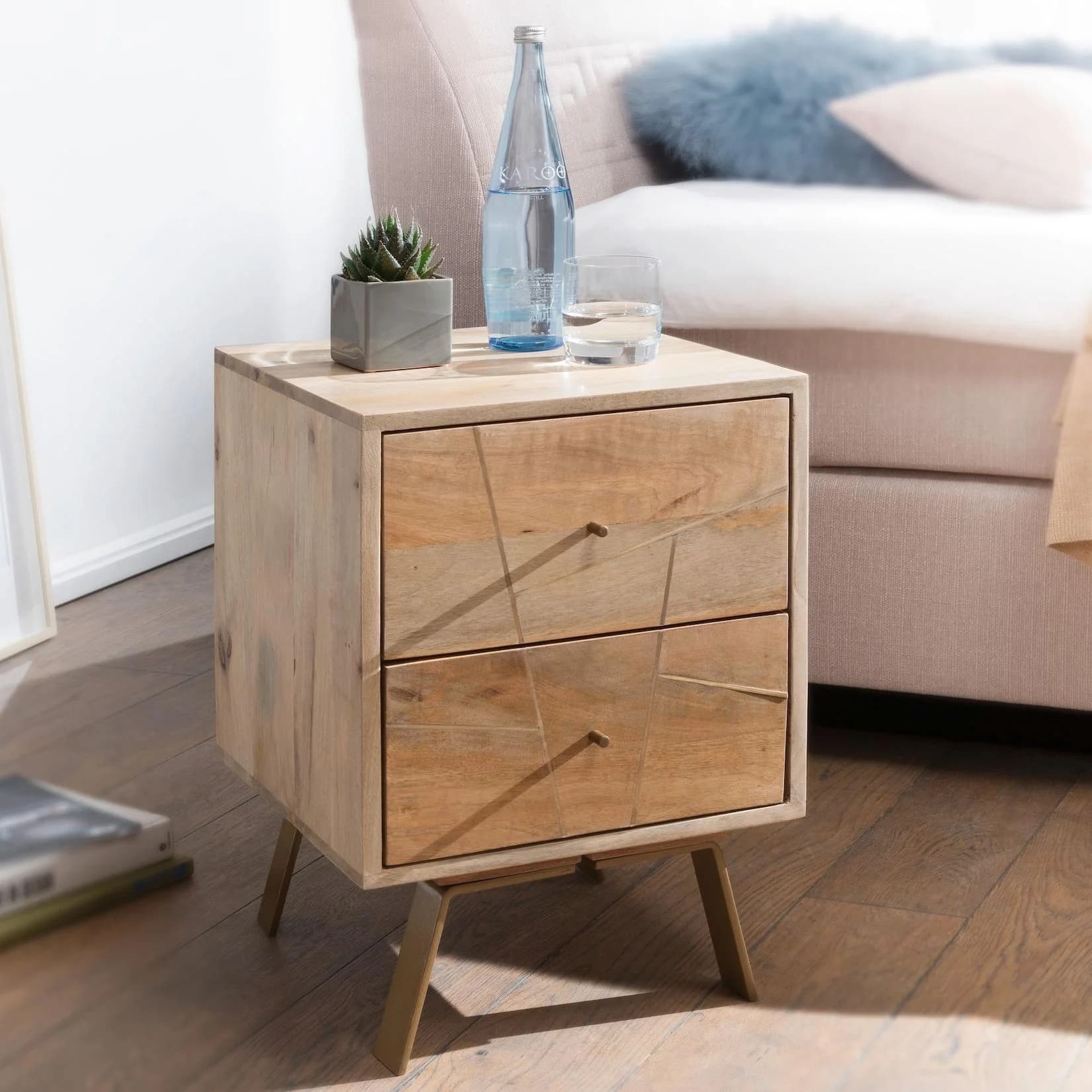 FineBuy Nachtkonsole Massivholz 2 Schubladen Rustikaler Landhaus-Stil