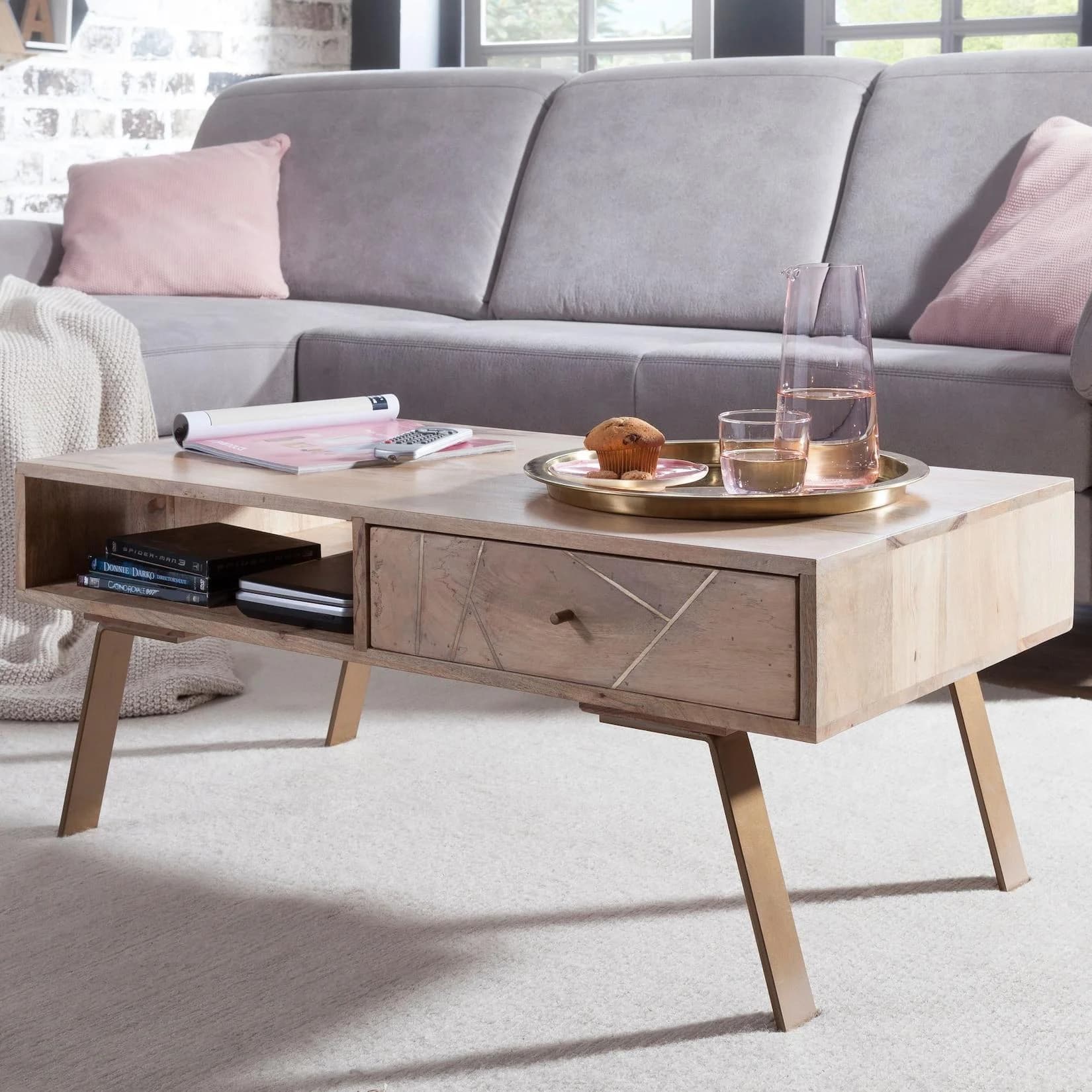 FineBuy Couchtisch Massivholz Rechteckig 95cm Schublade & Ablagefach