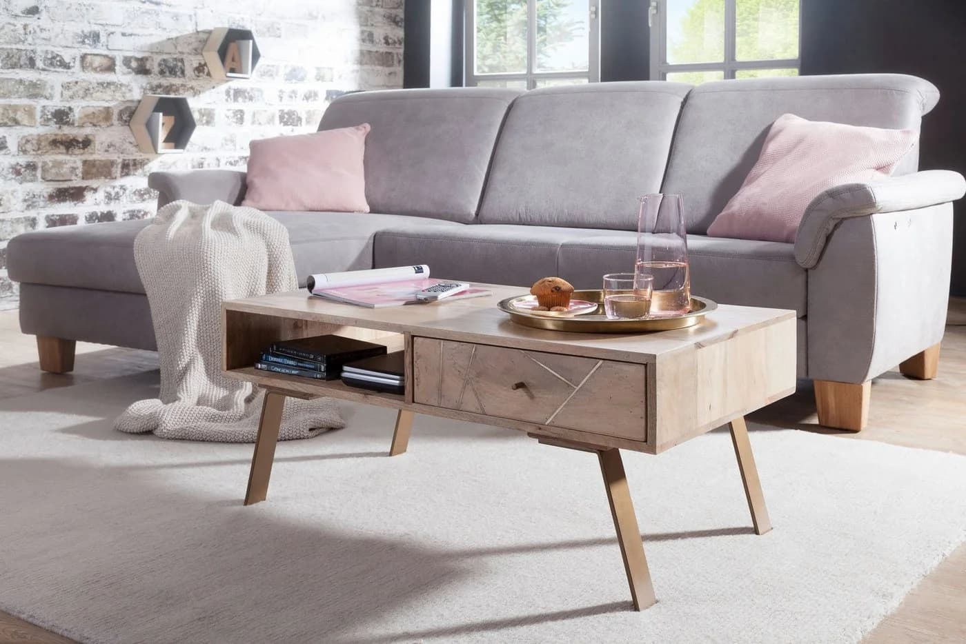 FineBuy Couchtisch Massivholz Rechteckig 95cm Schublade & Ablagefach - Bild 2