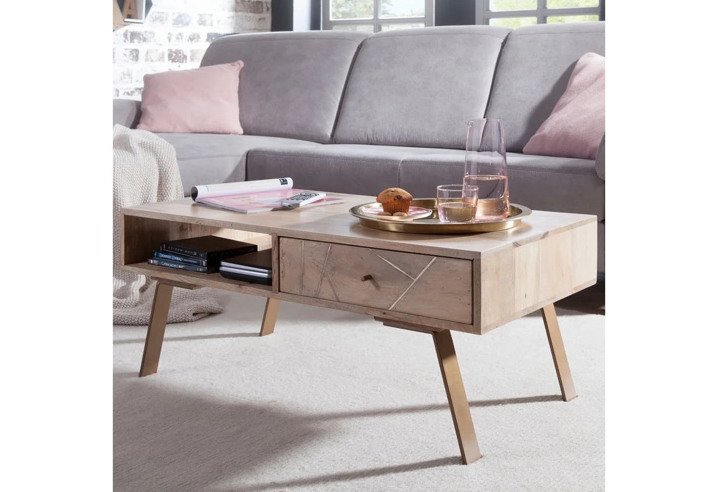 FineBuy Couchtisch Massivholz Rechteckig 95cm Schublade & Ablagefach - Bild 3