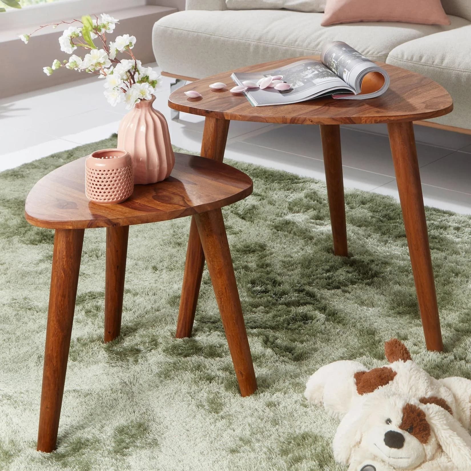 FineBuy 2er Set Beistelltisch Sheesham Holz Massiv Braun