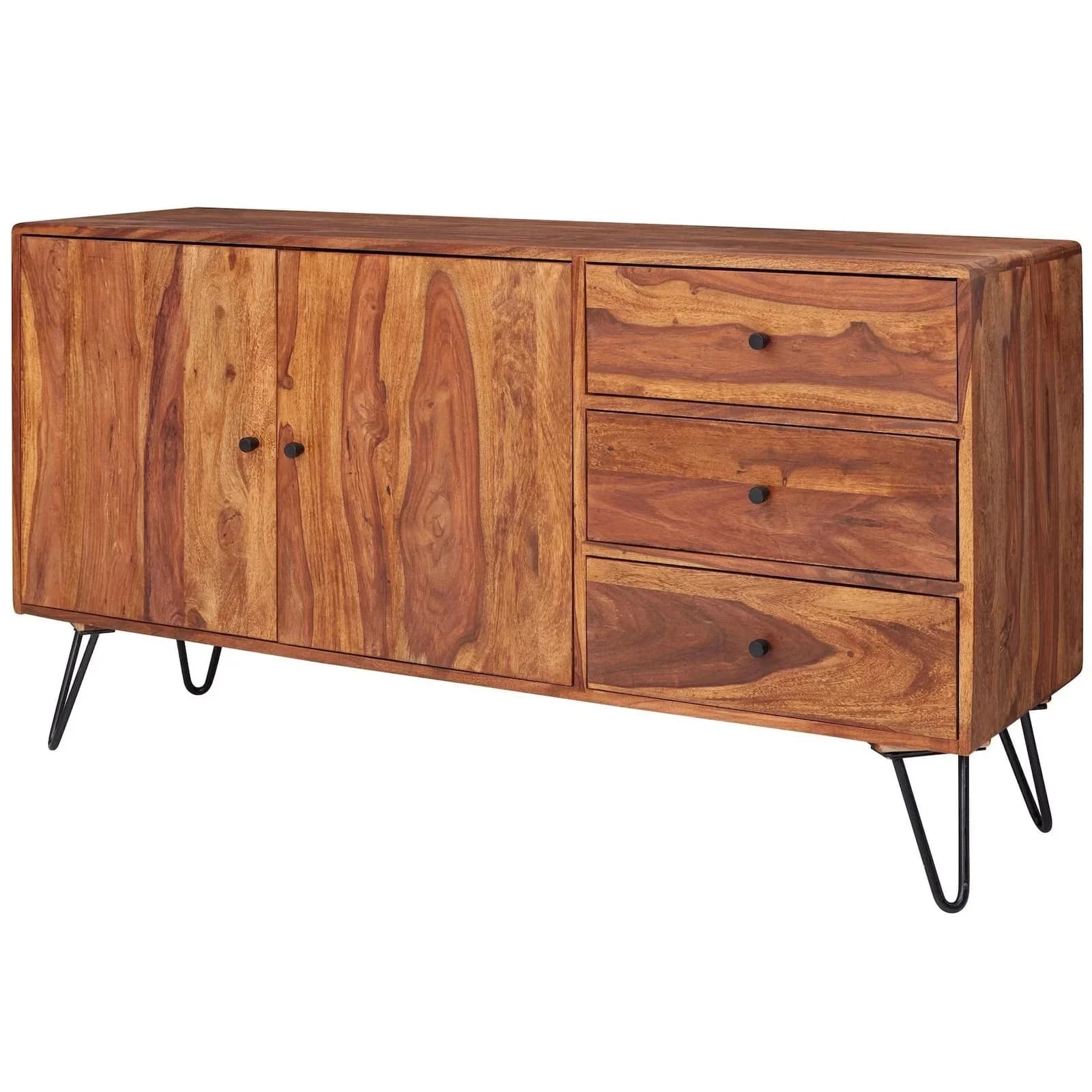 FineBuy Massivholz Sideboard 145cm Sheesham Natur mit 2 Türen & 3 Schubladen