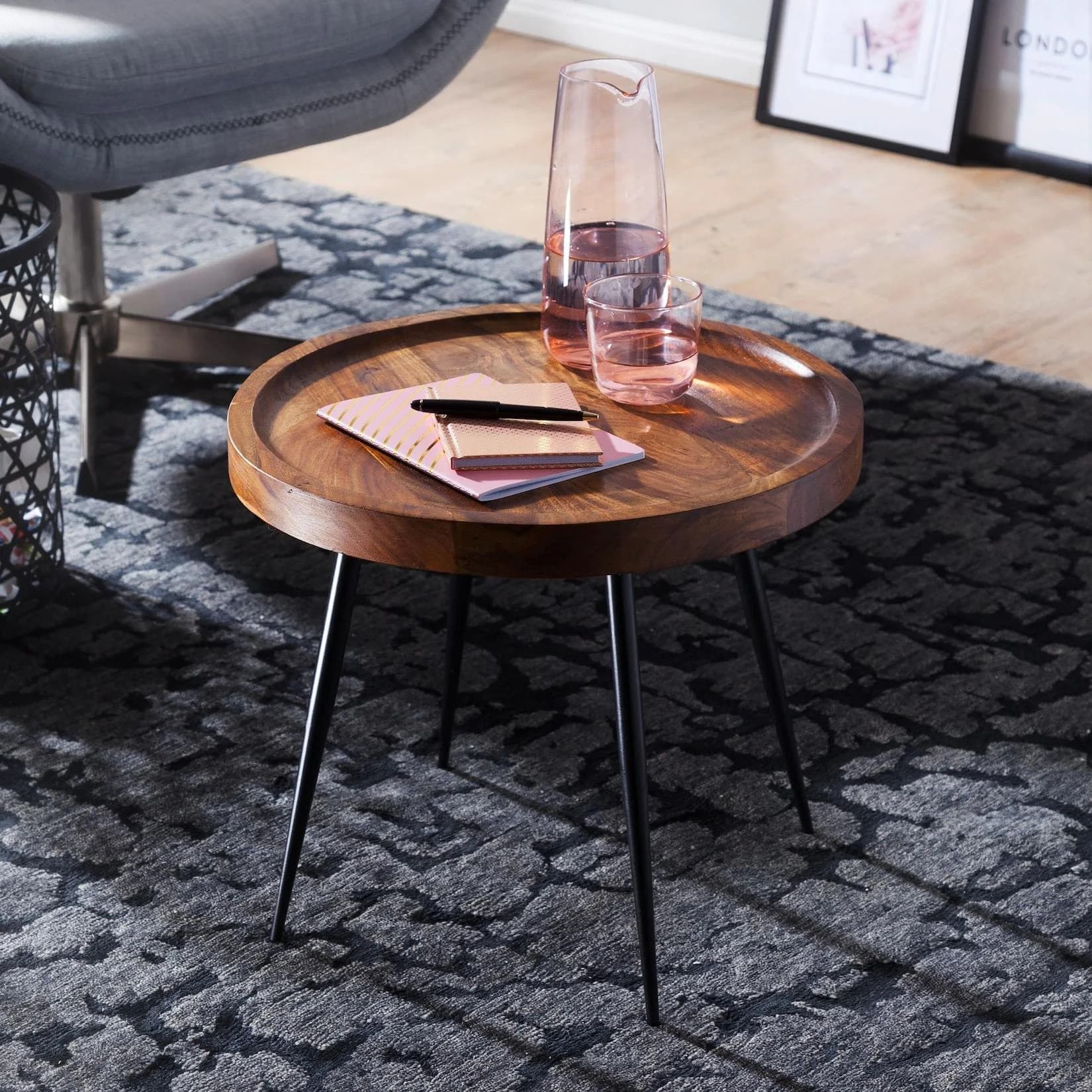 FineBuy Beistelltisch rund Sheesham massiv Holz Metall