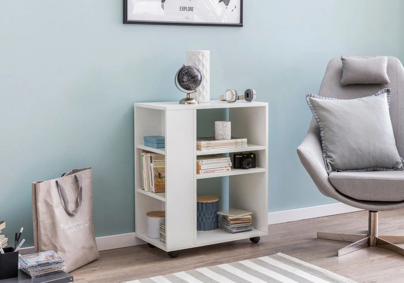 FINEBUY Standregal Weiß Modern mit Rollen